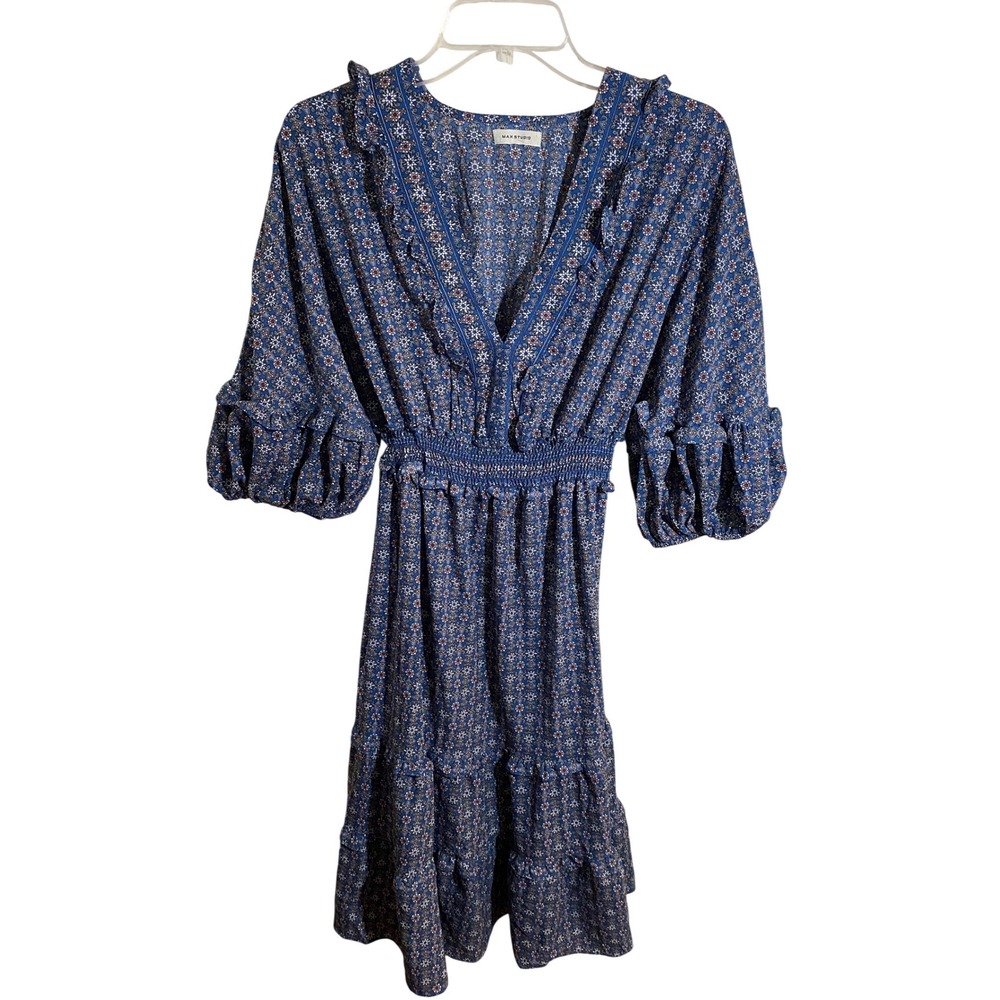 Max Studio Blue Floral Medallion V-Neck Smocked Tiered Midi Dress 9M01Y66A